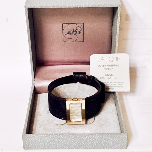 Lalique Frosted Glass Slide Black Leather Bracelet - Picture 7 of 8